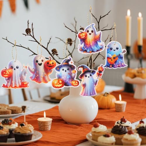 12 Halloween Tree Ornaments - Witch, Pumpkin & Ghost Decor Set