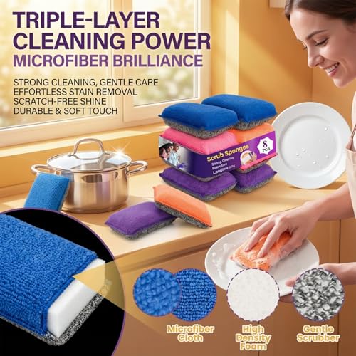 MAQIHAN 8 Pack Non-Scratch Microfiber Dish Scrubbers