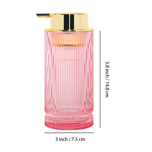 Tonxus Foaming Soap Dispenser, Pink Glass Foam Hand Soap Dispenser with Gold Pump, 14 Oz Bathroom Refillable Liquid Lotion Pump Ribbed Bottle Container for Kitchen Countertop Decor, 1