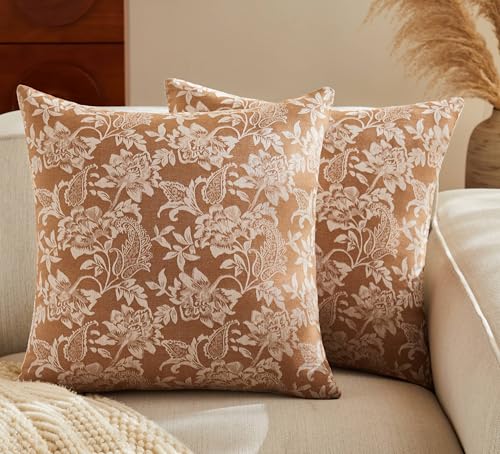 Floral Jacquard Throw Pillow Covers, 18x18 Caramel Cotton Set of 2