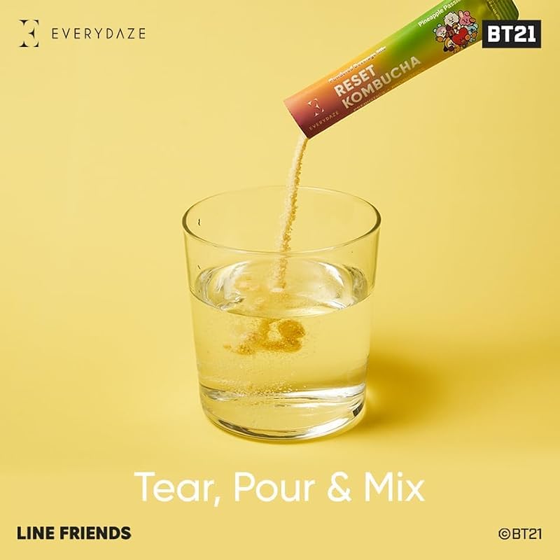 Everydaze BT21 Kombucha Powder Mix - Pineapple Passion Fruit | 10 Sticks | Vegan, Probiotics, No Sugar Added