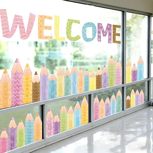 Quera Pastel Pencil Window Clings - 9 Sheets Reusable Back to School Decals