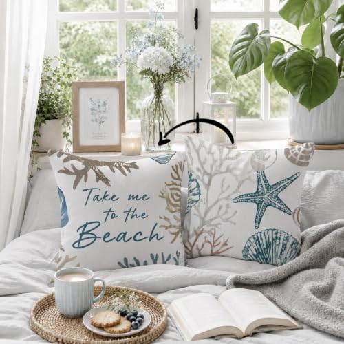Coastal Beach Starfish & Seashell Throw Pillow Cover 18x18, Beach B Design