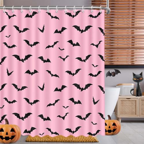 Halloween Shower Curtain with Pink Bats - Waterproof 72x72