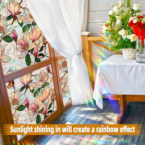 Magnolia Stained Glass Window Film - 17x39.4in Decorative Privacy Cling