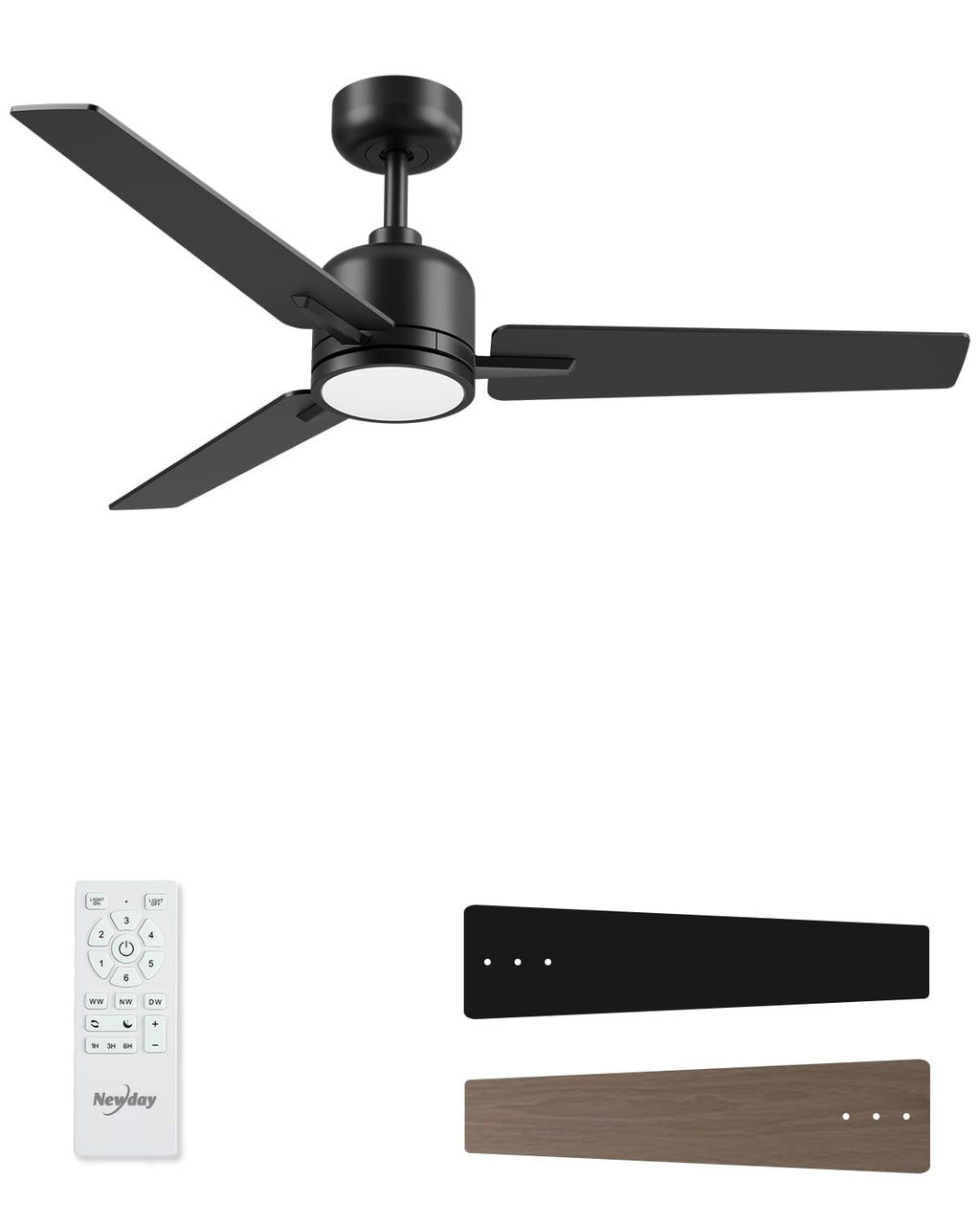 Newday 52 inch Ceiling Fans with Lights and Remote, Black 3 Blade Outdoor Fans for Patios -Dimmable Indoor DC Motor, 6 Speed, Quiet Noiseless, 3 CCT, Reversible, High CFM