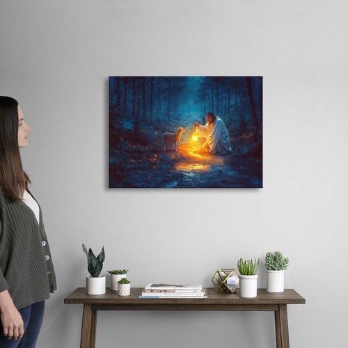 Christian Wall Art | Jesus and Lamb Canvas Decor - Serenity Prayer for Home & Baptism Gifts (24" x 16")
