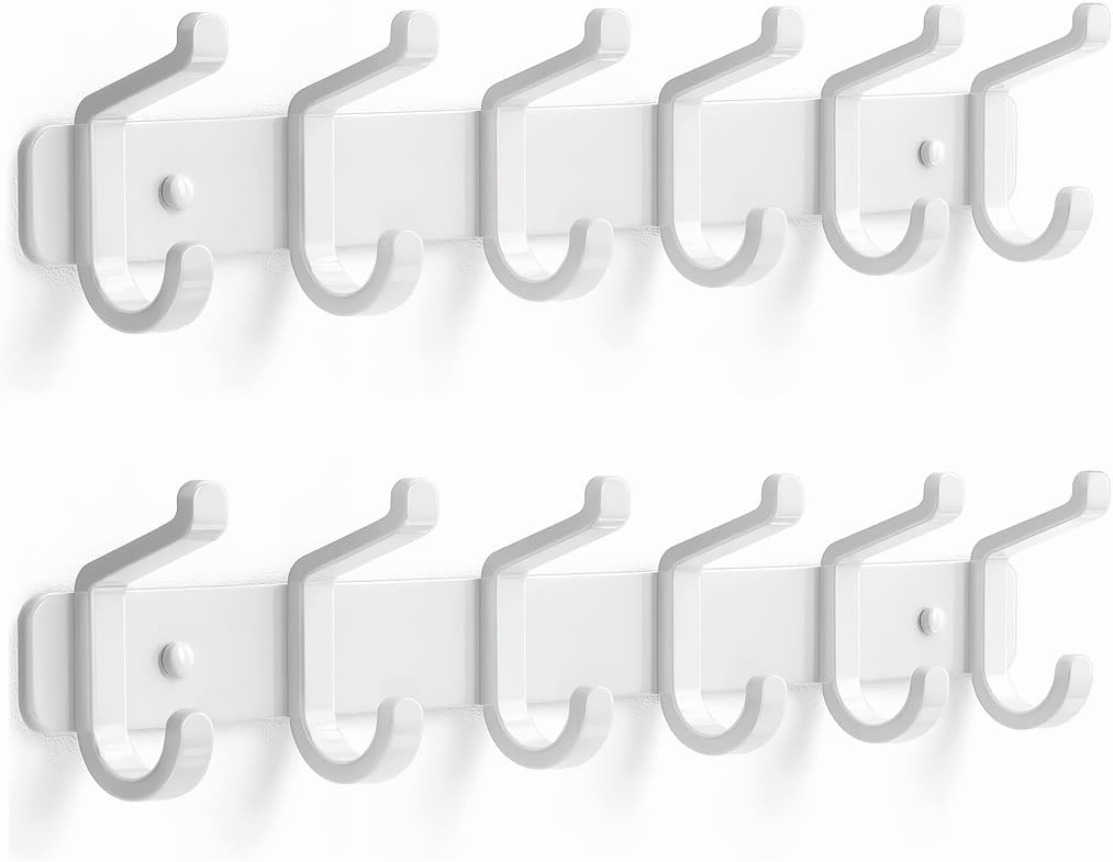 Pickpiff Coat Rack - Heavy-Duty Wall Mounted Metal Hanger with 6 Hooks for Hats, Clothes & More | White, 2 Pack