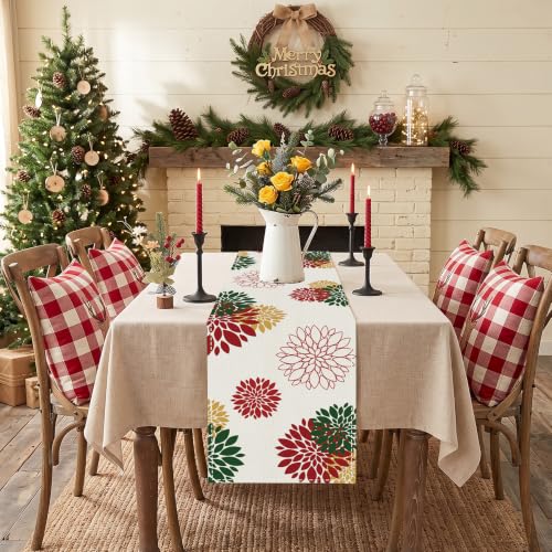Red Green Christmas Table Runner with Dahlia Floral Burlap - 13 x 36 Inch