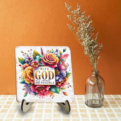 Inspirational Floral Wood Sign for Desk Decor - 5.1" Christian Gift