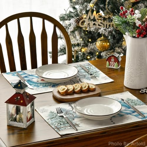 12x18 Inch Blue Snowman Christmas Placemat Set of 6 - Let It Snow Holiday Table Decor