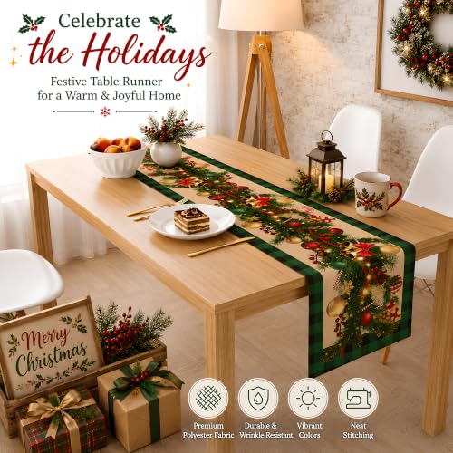 Christmas Ornament Bells Table Runner - Rustic Holiday Decor with Pine & Bells - 73x13 Inches