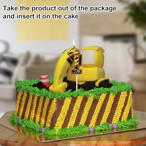 Construction Number 1 Candle - Yellow & Black Striped Birthday Cake Topper