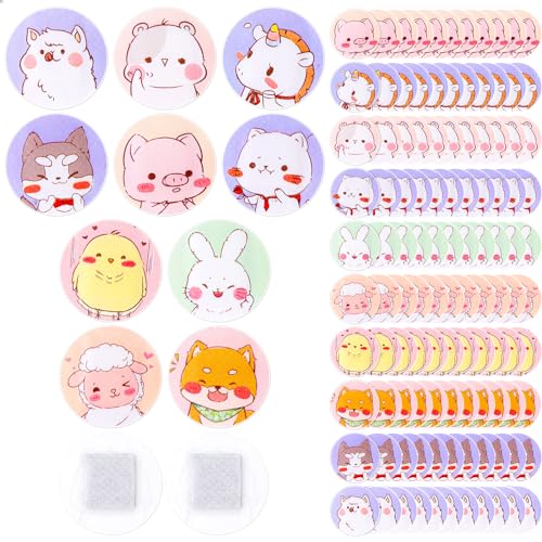 120Pcs Kids Bandages 10 Styles Cute Cartoon Bandaids Variety Pack,0.9In Round Vaccination Bandage Adhesive Dot Flexible Fabric Kids Bandaids for Small Wounds, Pimples, Vaccination and Blisters
