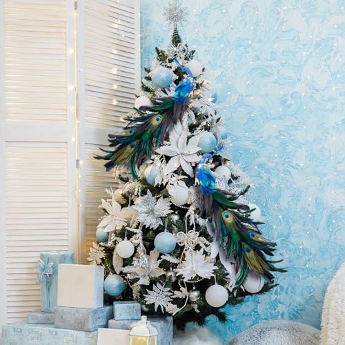 Peacock Christmas Tree Ornaments 4 Pack Long Feather Bird Decorations Glitter Clip-Ons