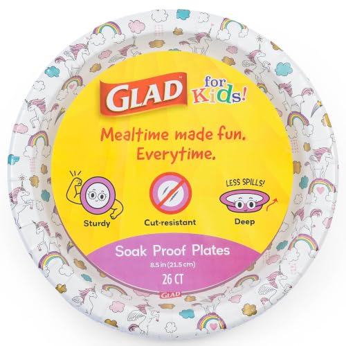 Glad for Kids Unicorn Paper Plates - 8.5 Inch, 26 Count, Soak-Proof & Cut-Resistant