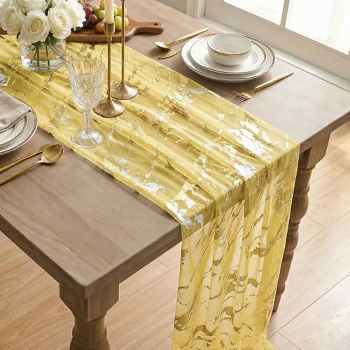 Marble Pattern Yellow Table Runner - 28x120 Inch for Dining & Events