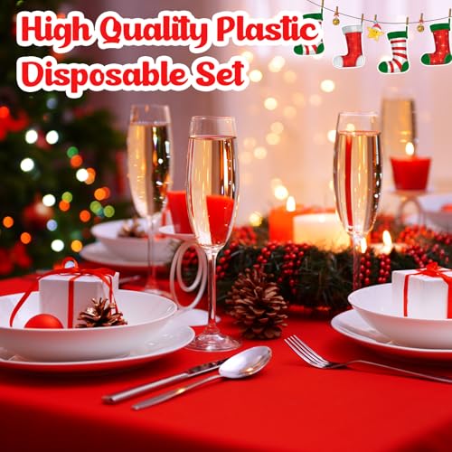 Christmas Tablecloth Set - 6 Disposable Plastic Covers 60 x 102 Inches in Red, Green, White - Holiday Party Decor
