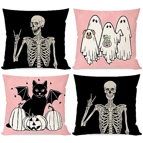 PANDICORN Pink Halloween Pillow Covers 18x18, Set of 4 Ghost Skeleton