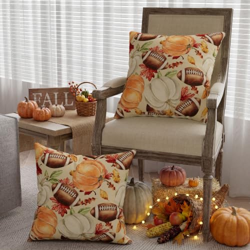 Fall Football Pumpkin Throw Pillow Cover, 18x18 Inch Decorative Burlap Case