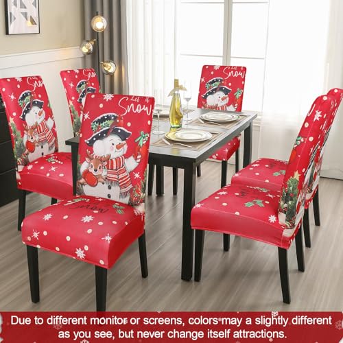 Christmas Chair Covers Set of 4 - Stretchable Snowflake Holiday Decor, Snowy Crimson