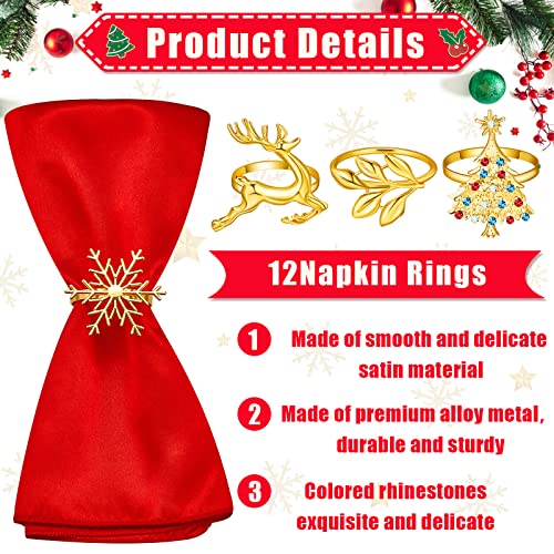 Christmas Cloth Napkins with Gold Elk & Snowflake Rings Set - Holiday Table Decor