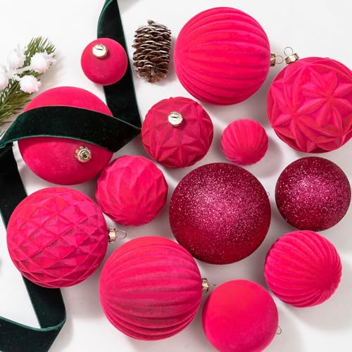 Fuchsia Pink Velvet Christmas Ornaments Set - 36pcs Shatterproof Xmas Decorations with 5 Styles & 3 Sizes