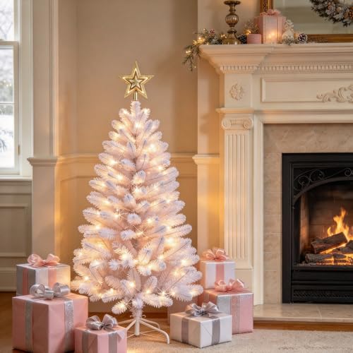 4FT White Artificial Christmas Tree with Warm White String Lights - Small Holiday Tree - Dream Loom - White Variation