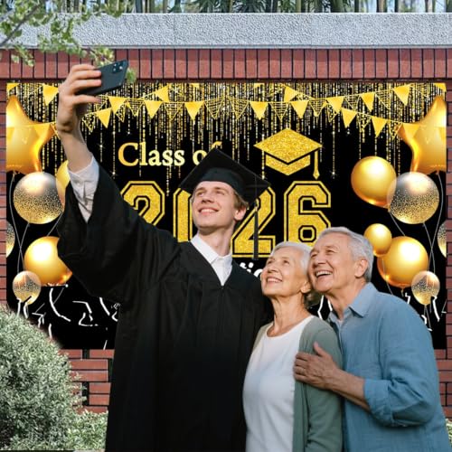 Black and Gold Graduation Banner 2026 - Durable Congrats Grad Backdrop