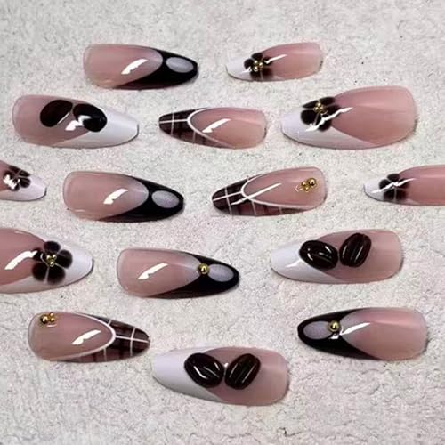 Jremg Brown French Tip Press on Nails Medium Almond 3D Coffee Beans