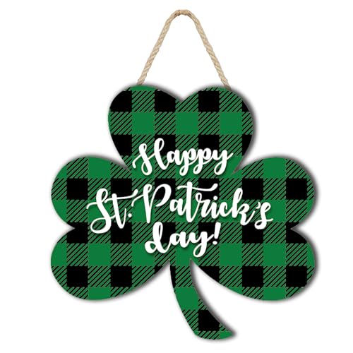 St Patrick's Day Wooden Sign - Green Buffalo Plaid Shamrock Decor