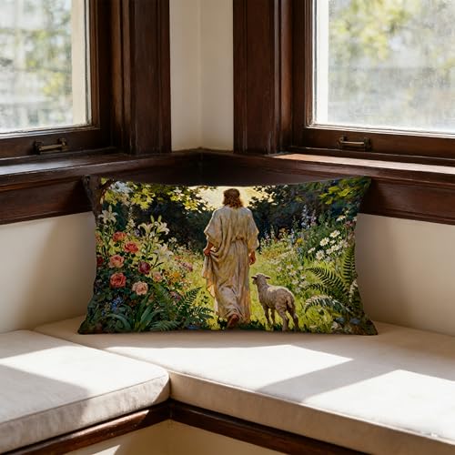 Christian Jesus and Lamb Pillow Cover D 12x20 - Religious Home Decor