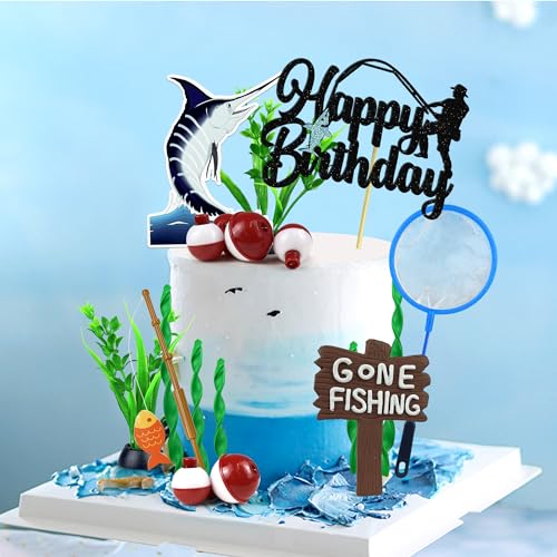18-Piece Gone Fishing Cake Topper Set for Fisherman Themed Birthday Parties