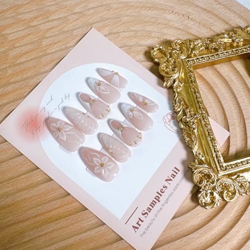 White French Tip Press on Nails Medium Almond with 3D Flowers