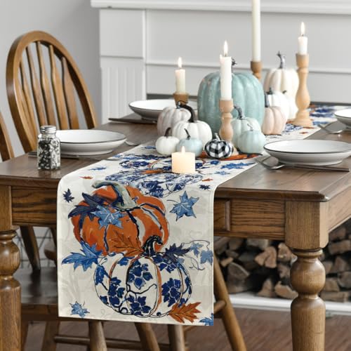 13x36 Inch Fall Table Runner Polyester Home Decor Blue