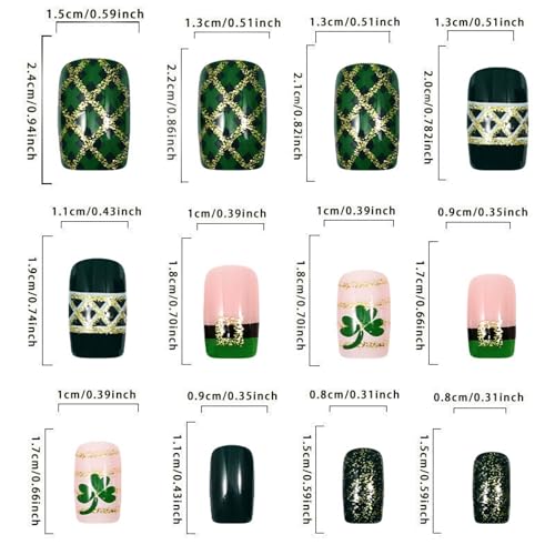 Green Press on Nails Medium Square Fake Nails with Gold Glitter 24pcs