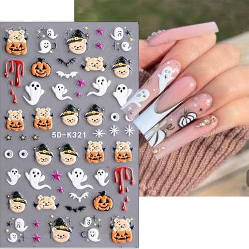 5D Halloween Nail Stickers Cute Ghost Pumpkin Self-Adhesive Decals 3 Sheets