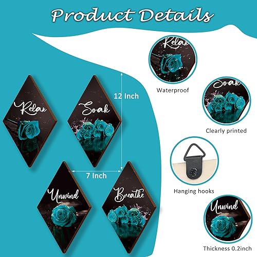 ONIZHITY Set of 4 Teal Rose Wall Decor Signs - Breathe, Soak, Unwind, Relax