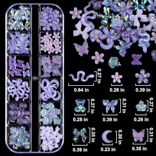 Kikonoke 3D Flower Nail Charms and Rhinestones Set - 2 Boxes Purple