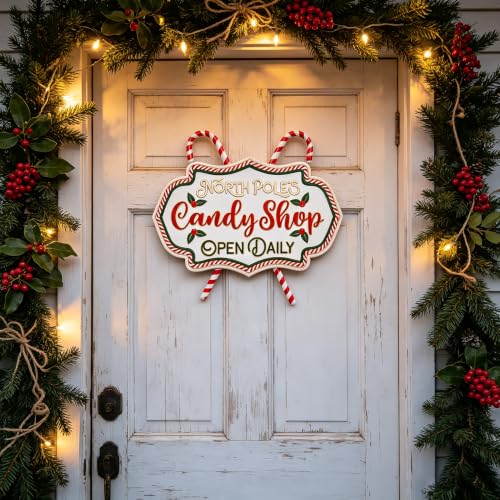 Christmas Metal Wall Sign Candy Shop Xmas Front Door Hanger Decor Holiday Indoor Outdoor 15.75x13.58 - Candy Shop Variation