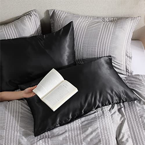 Bedsure Satin Pillowcase Set of 2, Black Queen Size with Zipper