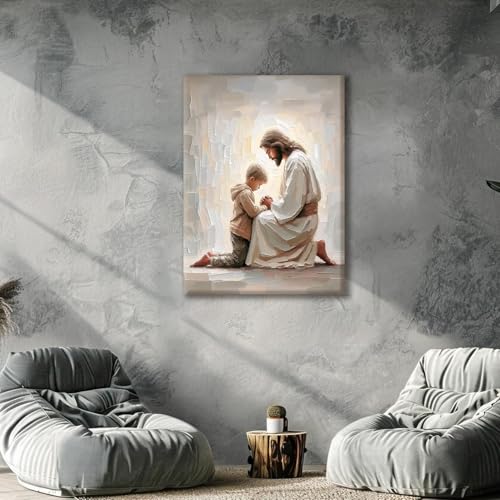 Christian Wall Art Canvas Prints Jesus and Boy Praying 16x24 Inches - Variation of Jesus and Boy / 24L x 16W