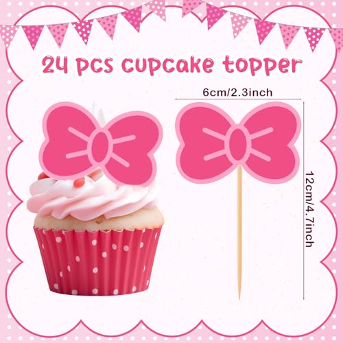 24 Pcs Pink Cat Cupcake Toppers with Bows for Birthday Party Decor