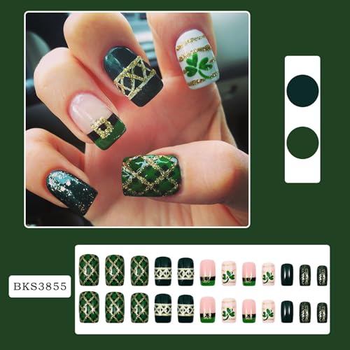 Green Press on Nails Medium Square Fake Nails with Gold Glitter 24pcs