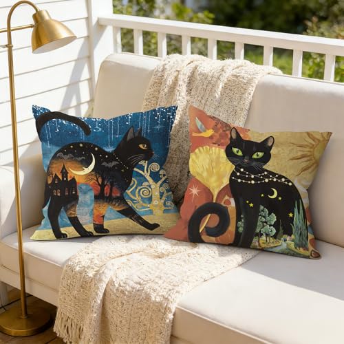 Set of 4 Boho Black Cat Throw Pillow Covers - 18x18