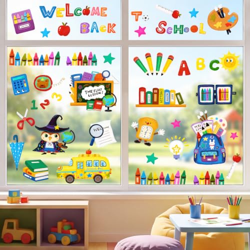Back to School Window Clings - Owl, School Bus & Crayon Decor
