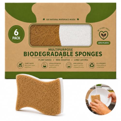 Eco-Friendly Kitchen Sponge Set - 6 Pack Natural Coconut Fiber & Cellulose Double-Sided Scrubbers