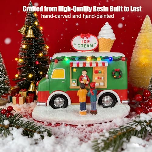 Christmas Village Food Truck Decor with Music & LED Lights - Handcrafted Resin Scene