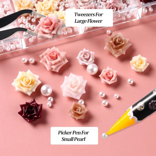 3D Flower Nail Charms with Pearls, Camellia Rose Floral Jewelry Set