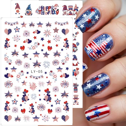 4th of July Nail Stickers - 6 Sheets Patriotic Red White and Blue Self-Adhesive Nail Decals